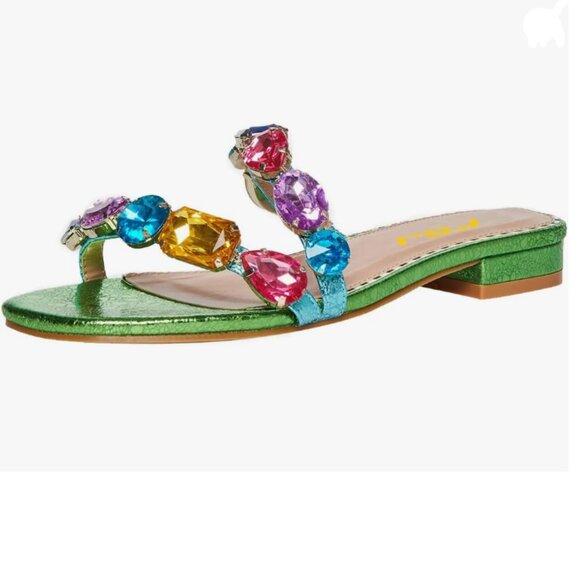 FSJ Green Jeweled Sandals Crystal with Rhinestone Slide Open Toe Casual Shoes - Picture 1 of 8